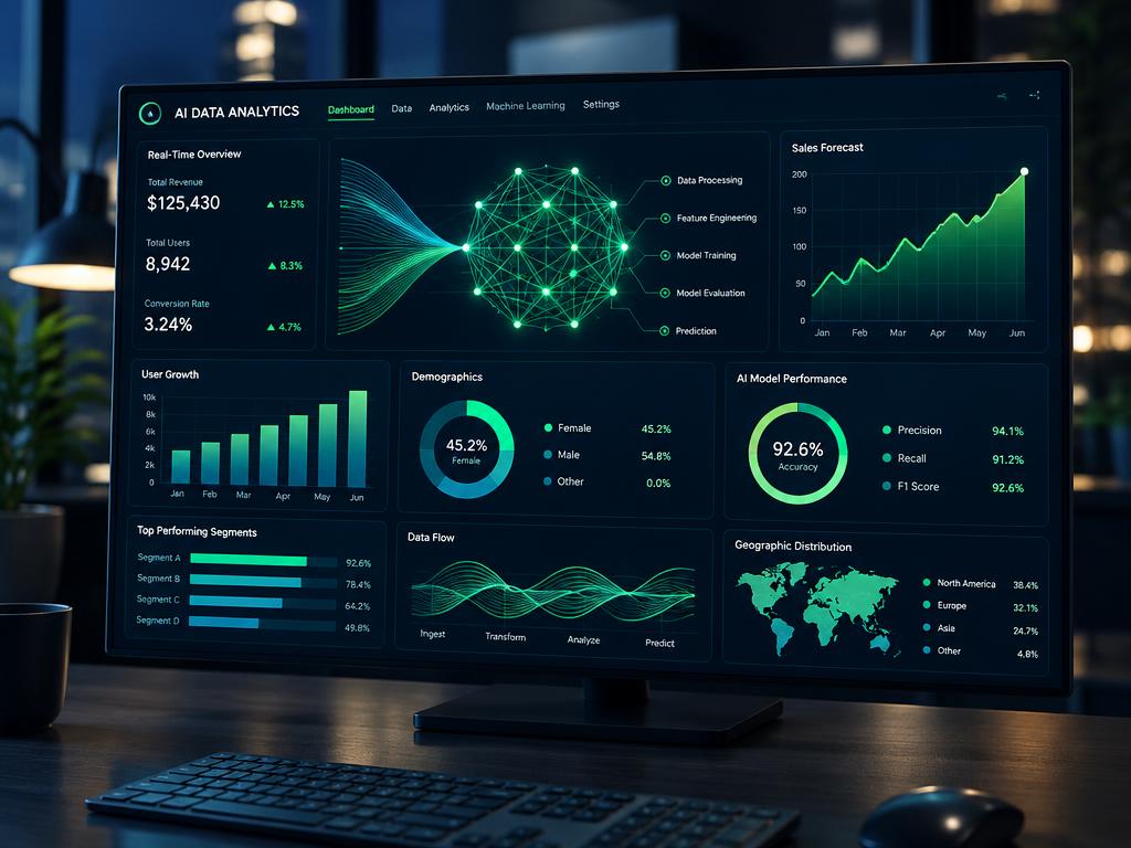 AI analytics dashboard with charts on a monitor
