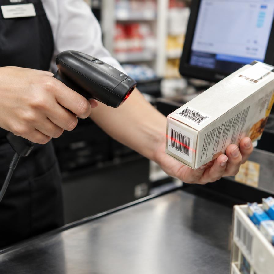 Cashier scanning a product barcode with a handheld scanner
