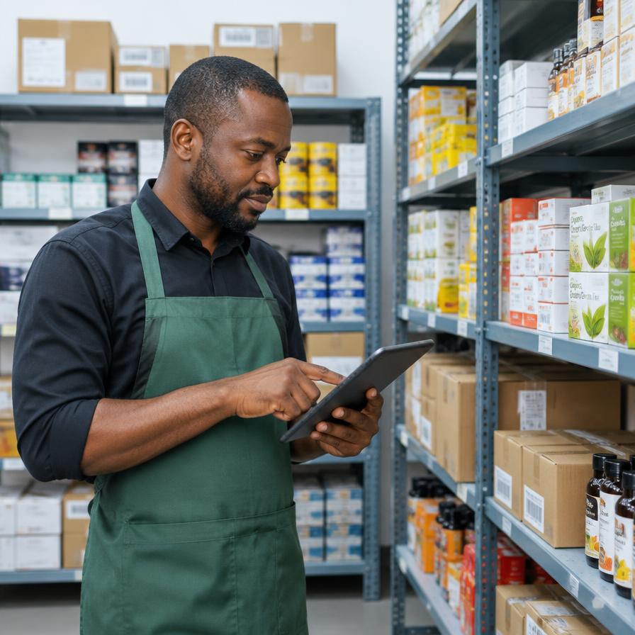 Shop owner checking stock levels on a tablet in a stockroom